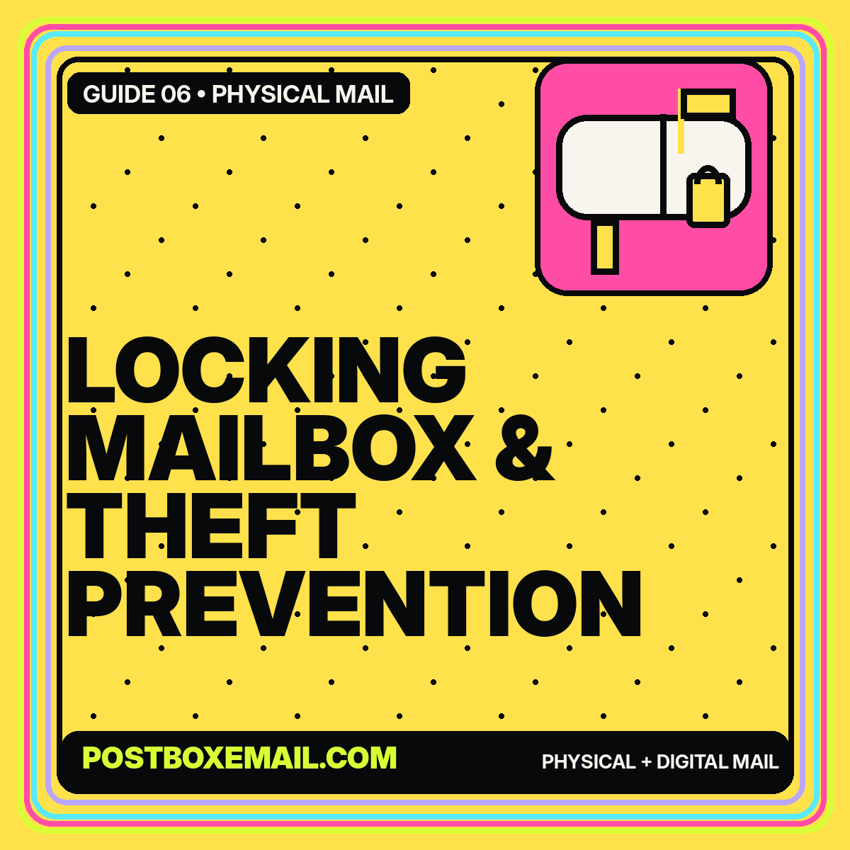 Neon editorial card reading Locking Mailbox and Theft Prevention with a locked mailbox icon