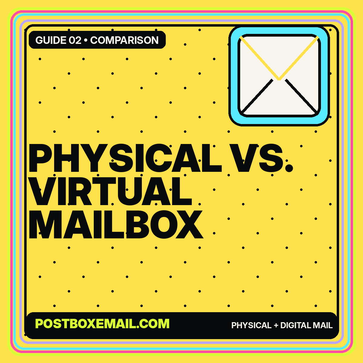Neon editorial card comparing physical and virtual mailboxes