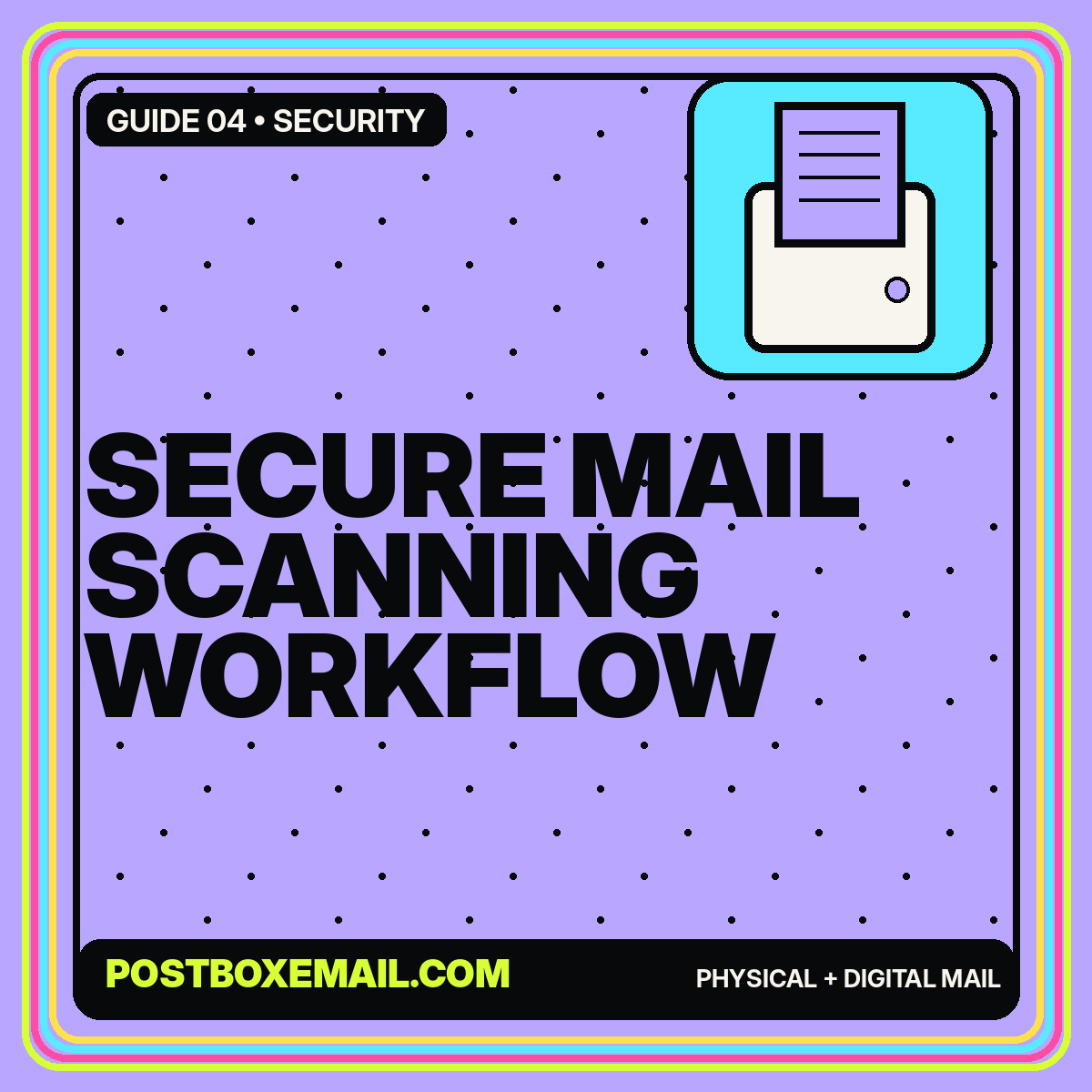 Neon editorial card reading Secure Mail Scanning Workflow with a scanner icon