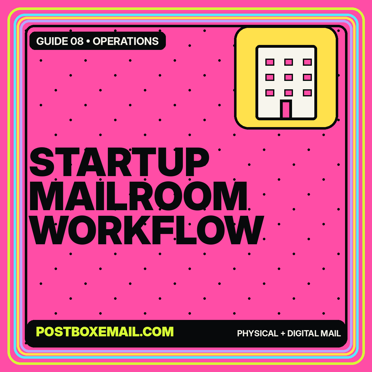 Neon editorial card reading Startup Mailroom Workflow with an office building icon